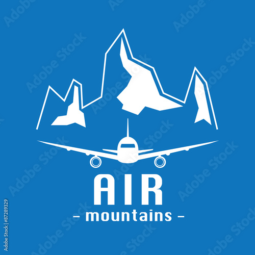 Vector Modern Minimalistic Airplane Logo. Mountains Background.