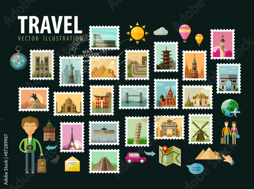 Travel, journey. Icons set. Postage stamps depicting historical