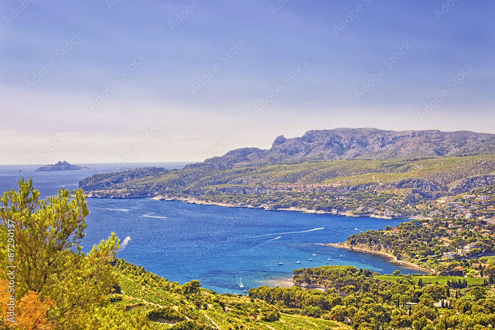 Mediterranean sea bay near Cassis, Provence view from mountains