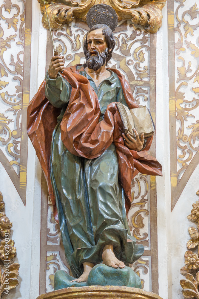 GRANADA, SPAIN - MAY 29, 2015: The carved statue of Saint James the Greater the apostle in church Nuestra Senora de las Angustias by Pedro Duque Cornejo (1718).