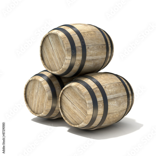 Group of wooden wine barrels. 3D render illustration isolated over white background