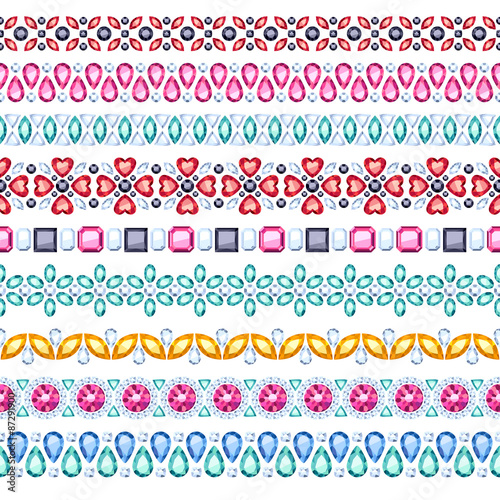 Colorful gemstones seamless horizontal borders set.