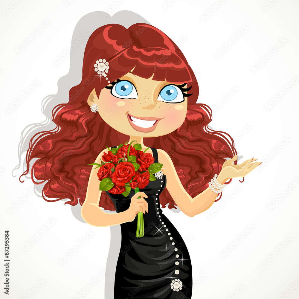 Beautiful girl in evening dress with bouquet of red roses Beautiful girl in evening dress with bouquet of red roses