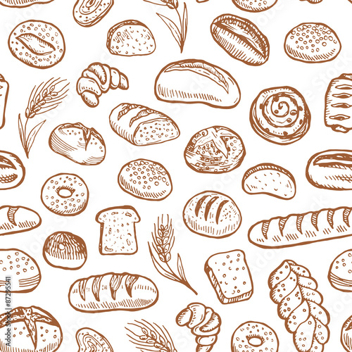 Hand drawn bakery doodles vector seamless pattern.