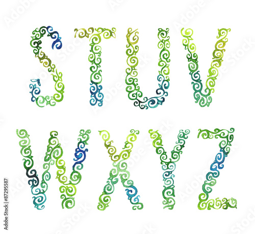 Hand drawn elegant curly watercolor font, letters S-Z