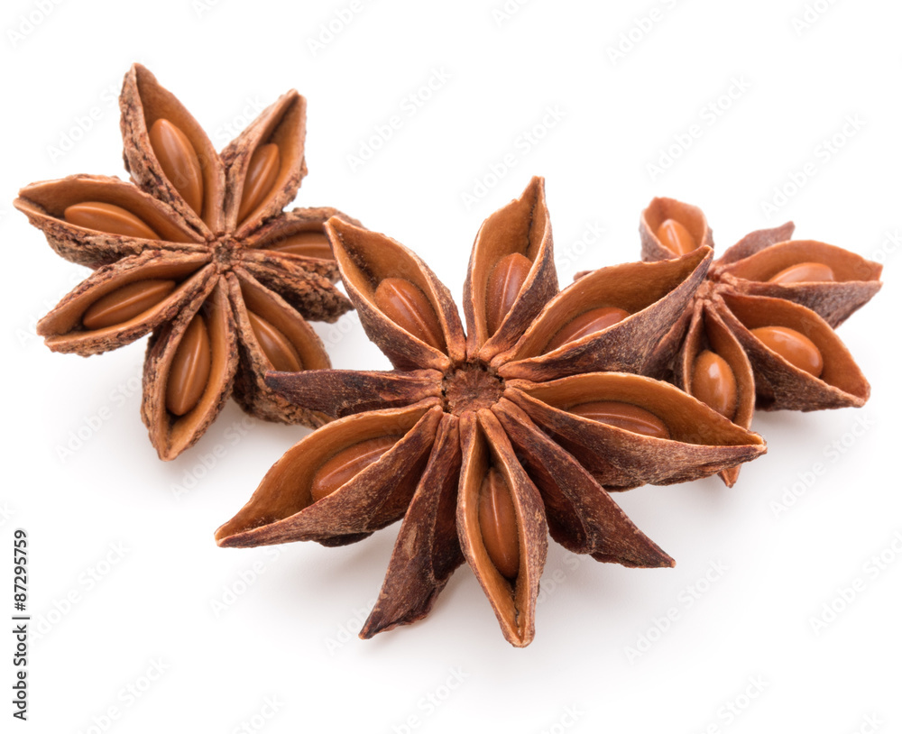 Star anise spice fruits and seeds isolated on white background c Star anise spice fruits and seeds isolated on white background c