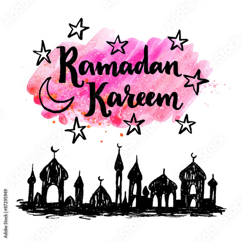 Ramadan Kareem greeting card. Hand drawn mosque silhouette.