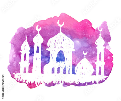 Hand drawn mosque silhouette on a colorfull watercolor stain. Islamic background.