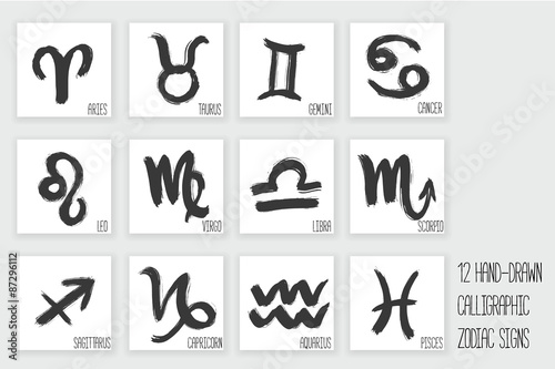 Collect of 12 hand drawing calligraphic zodiac sings.