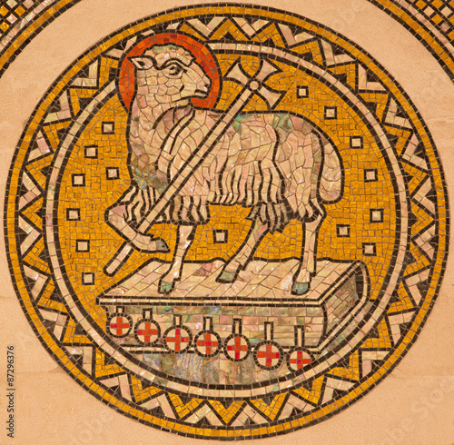 JERUSALEM, ISRAEL - MARCH 3, 2015: The lamb of God. Mosiaic on the side altar of Evangelical Lutheran Church of Ascension designed by H. Schaper and F. Pfannschmidt (1988-1991).