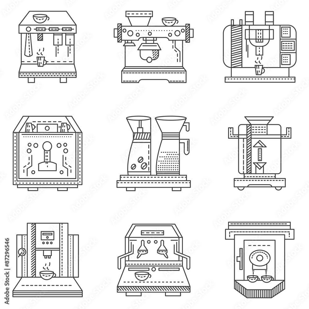 Professional coffee machines flat line icons