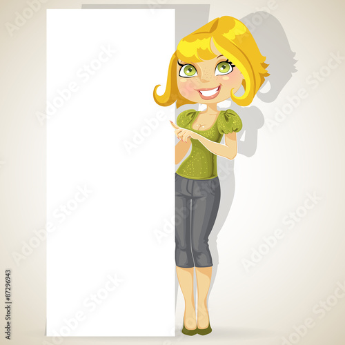 Cute girl holding a large blank banner for your text