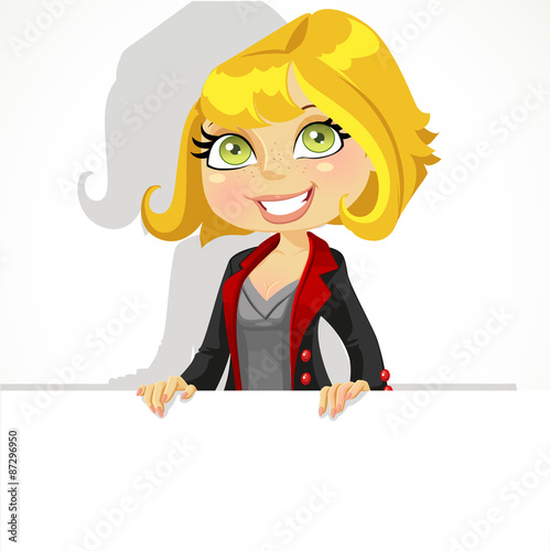 Cute girl holding a large horizontal banner