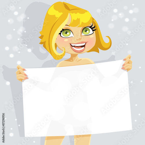 Cute nude girl hold blank seductive banner for your text
