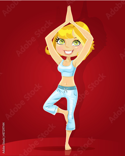 cute blond girl in a yoga Tree pose (Vrikshasana) on red backgro