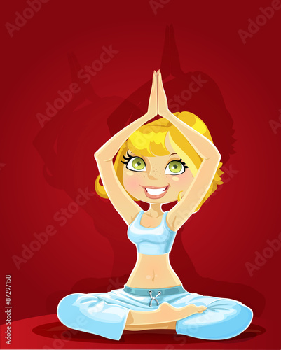 Cute blond girl in a yoga position 2 in series on red background