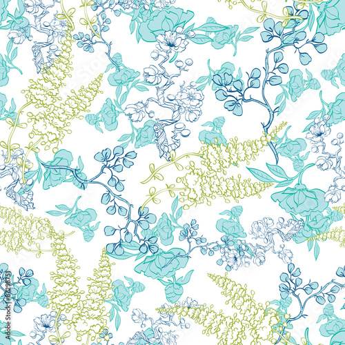 Vector Kimono Plants Lineart Seamless Pattern