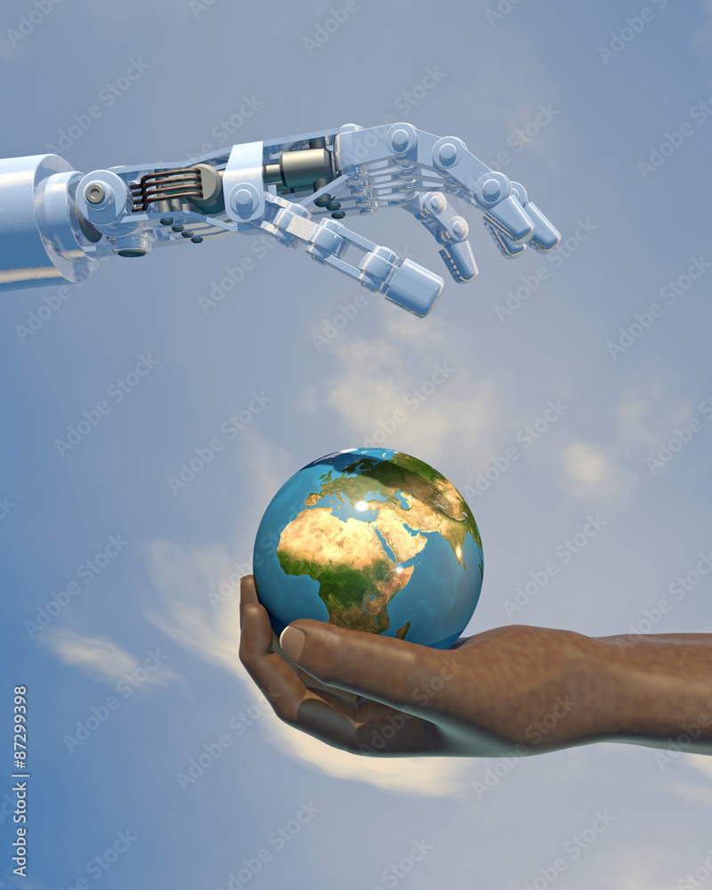 High-quality 3D render of a robot hand giving a globe to a human hand. Blue  sky backdrop, focused on the Africa and the Middle East.(Earth texture from  NASA - earthmap http://visibleearth.nasa.gov) Stock