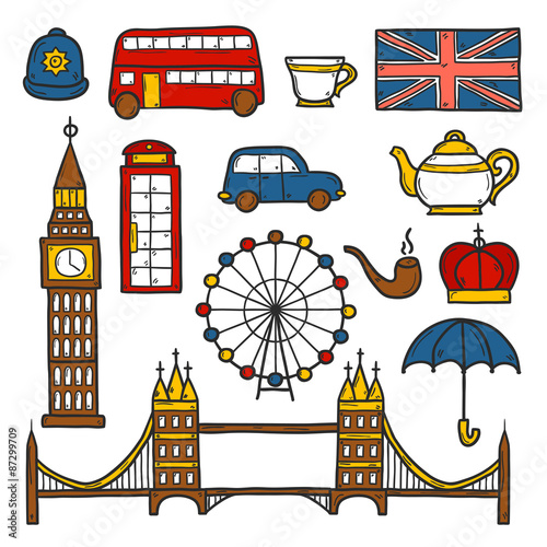 Set of cute hand drawn cartoon objects on London theme  queen