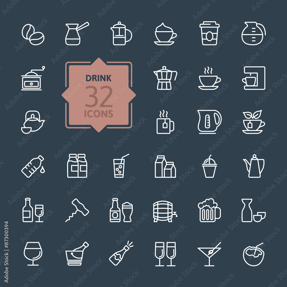 Outline web icon set - Drink, tea, coffee, alcohol Outline web icon set - Drink, tea, coffee, alcohol
