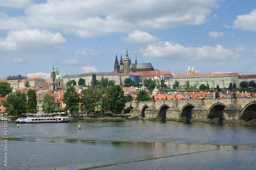 View of Charles Bridge and Prague Castle from the river Vltava, Czech Republic