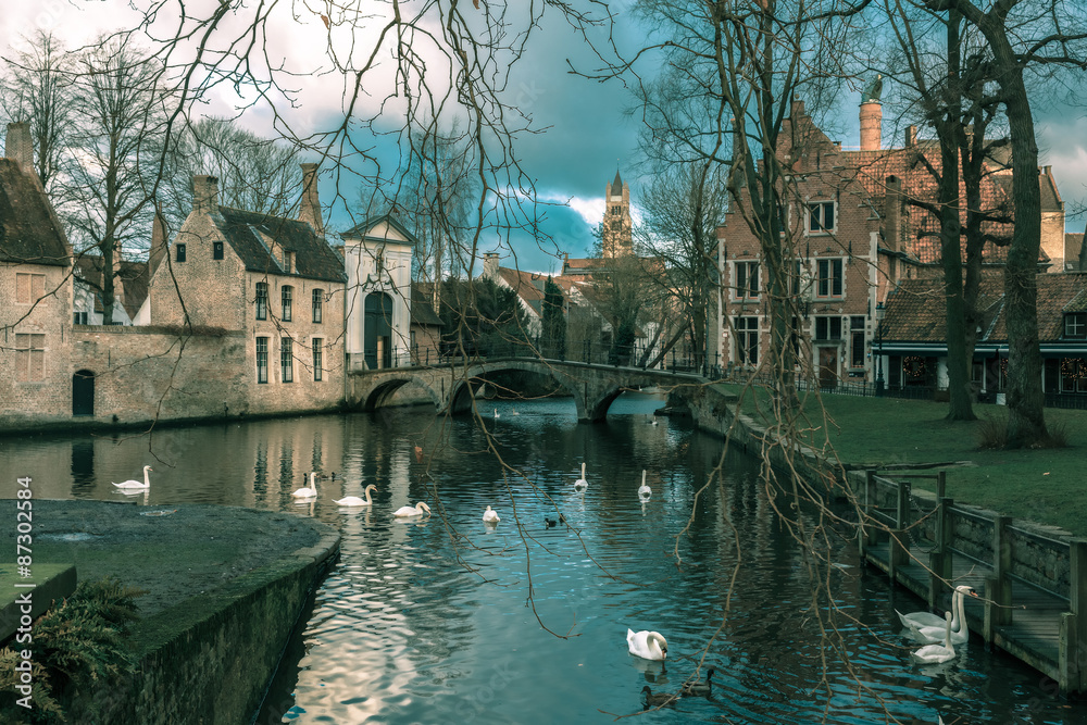 Landscape at Lake Minnewater in Bruges, Belgium