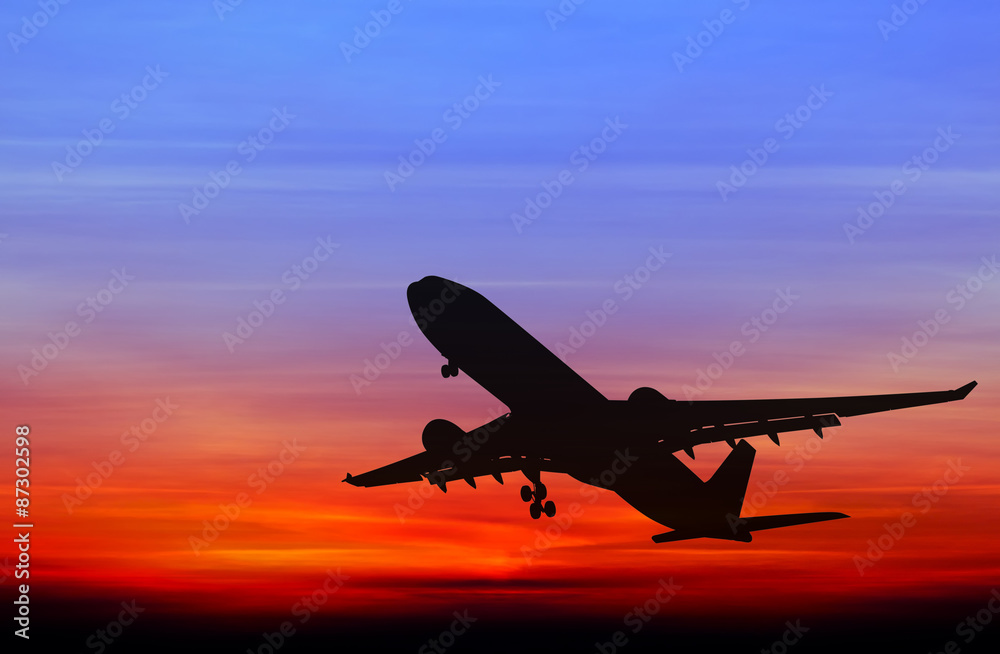 Fototapeta premium Sylwetkowy komercyjnego samolotu lecącego o zachodzie słońca