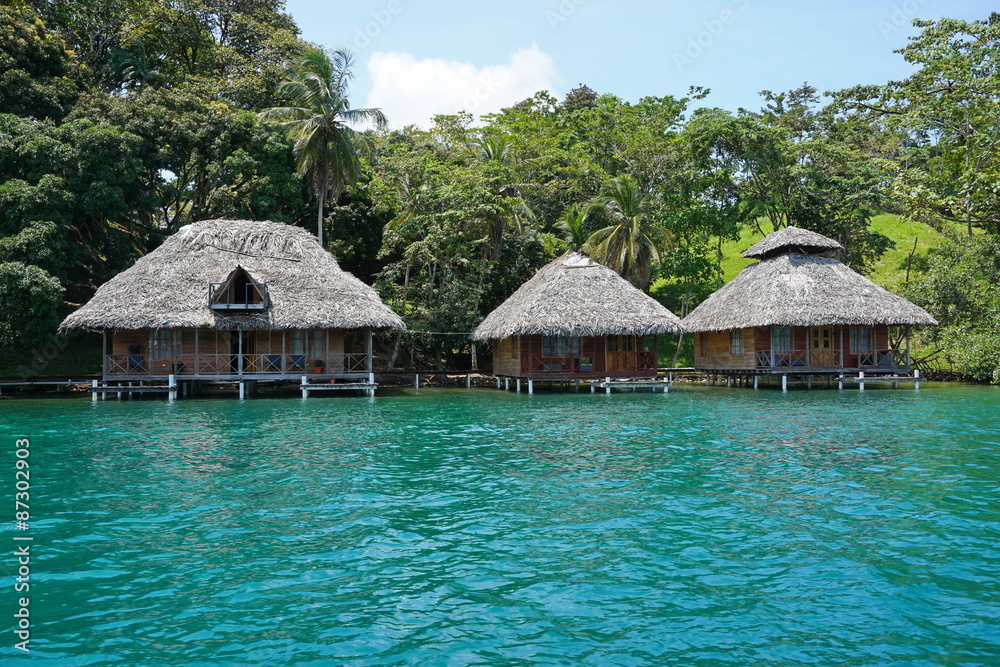 Tropical shore with thatched bungalows over water