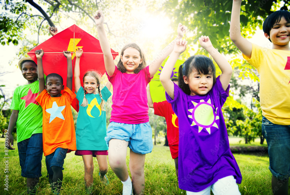 Fototapeta premium Children Flying Kite Playful Friendship Concept