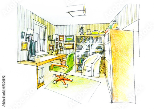 outline of a study room in color