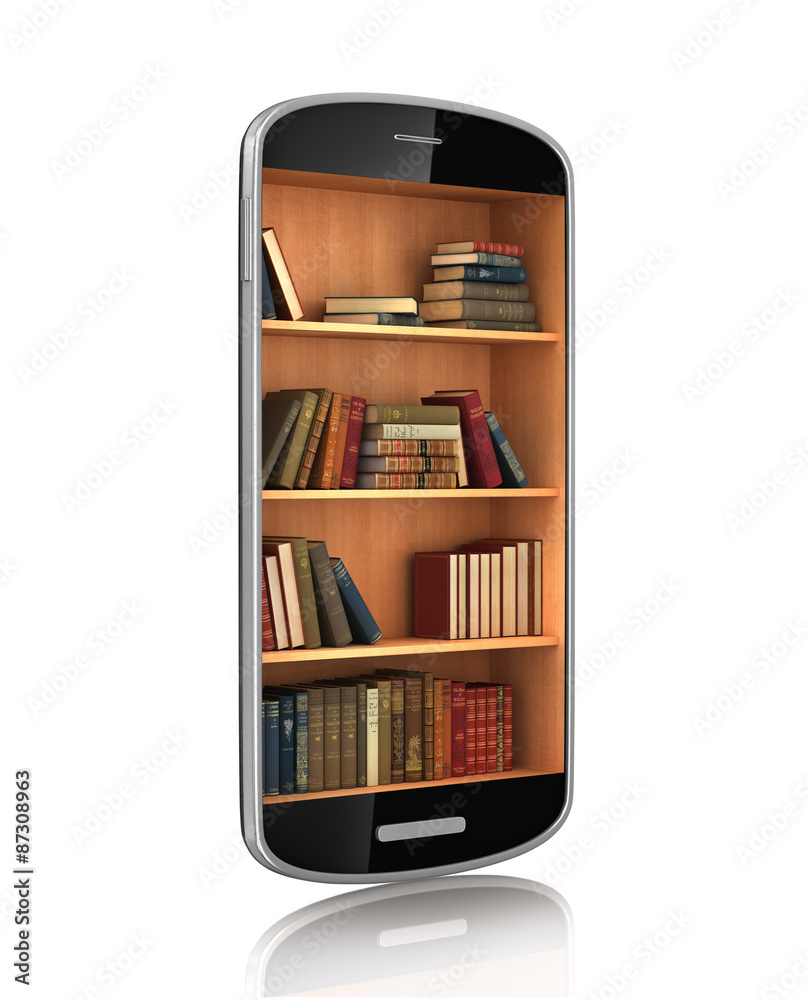 Smartphone with bookshelf. E-book library. Education concept