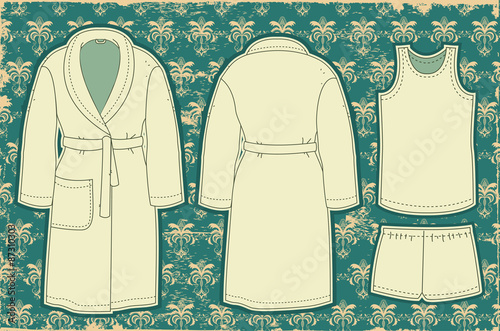 Bathrobe and unredwear for man.Vector illustration on vintage wa