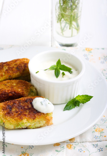 Zucchini crocketts with minted yogurt
