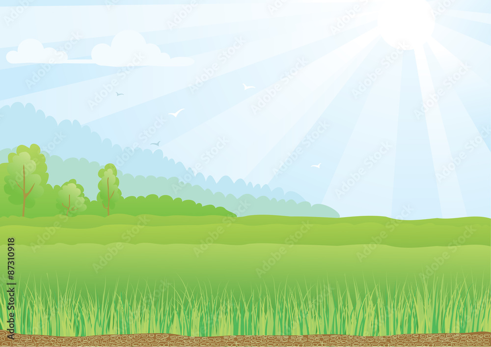 Obraz premium Illustration of green field with sunshine rays and blue sky.