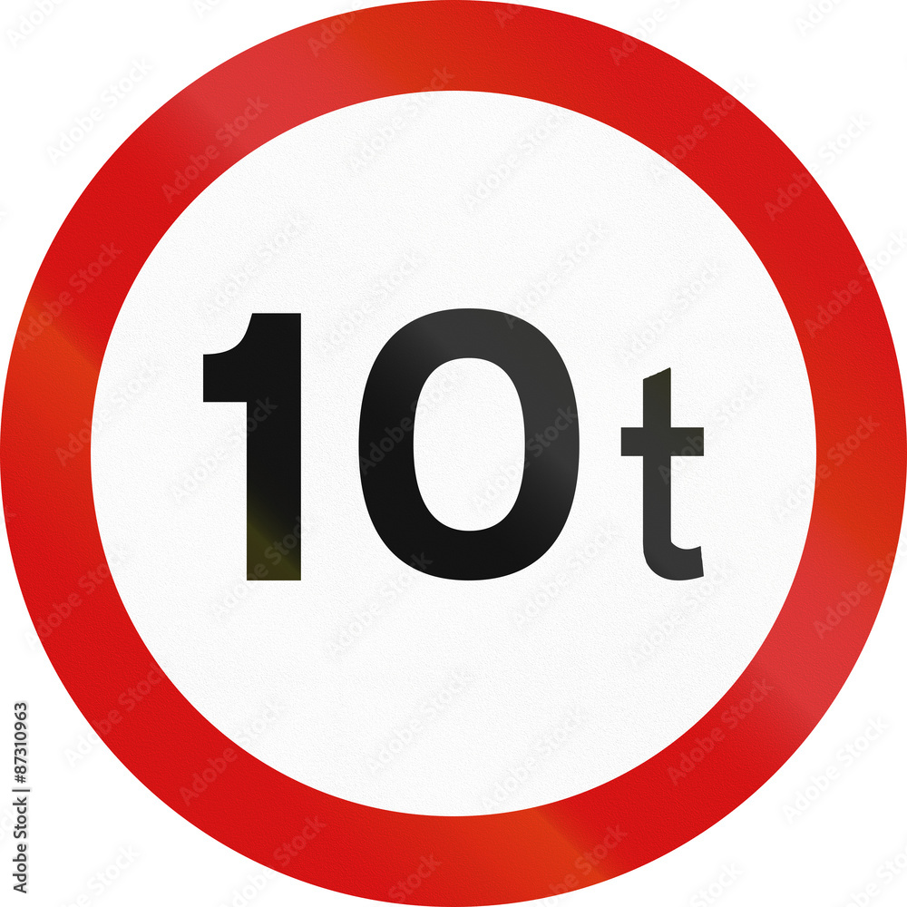 Irish traffic sign prohibiting throroughfare of vehicles with a weight over 10 metric tons Irish traffic sign prohibiting throroughfare of vehicles with a weight over 10 metric tons