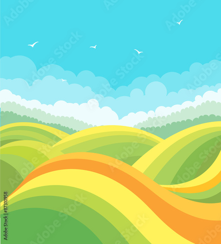 nature landscape with green fields and birds in blue sky.Vector