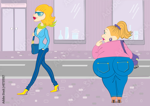 overweight woman want to be slim.Vector women in city