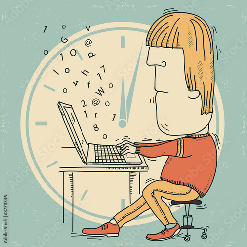  man working a computer.Vector illustration of busy
