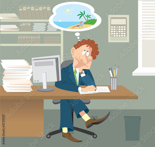 Business man is sitting in office and dreams about summer vacati