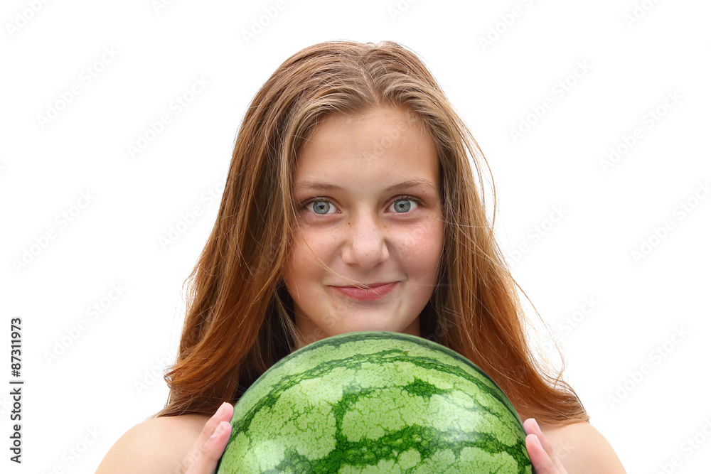 Harvesting / Smiling teenage girl holding a watermelon Harvesting / Smiling teenage girl holding a watermelon
