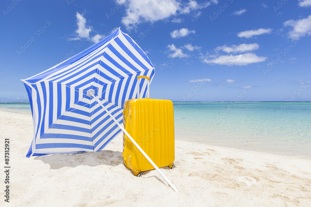 blue sunshade with yellow trolley blue sunshade with yellow trolley