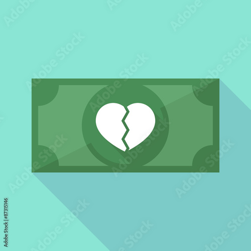 Long shadow banknote icon with a broken heart