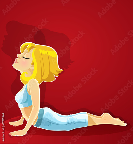 Blond girl in yoga pose Bhudzhangasana on red background