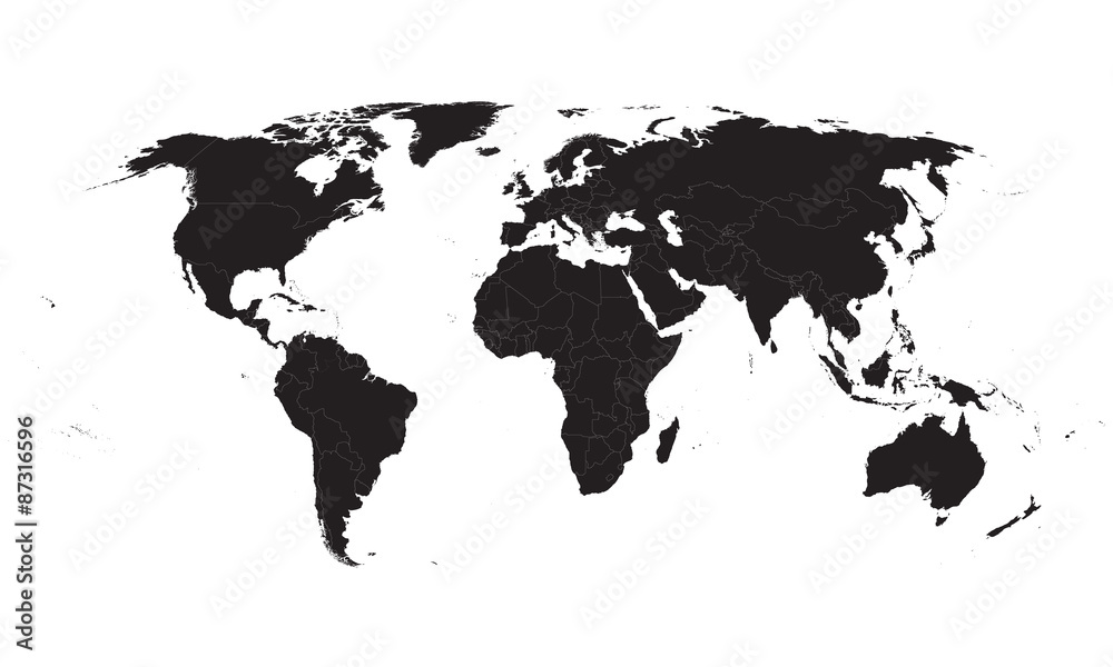 Obraz premium czarna mapa świata wektor ze wszystkimi granicami kraju