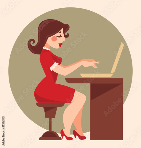 retro office girl, vector cartoon illustration
