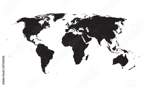 black vector world map with all country borders