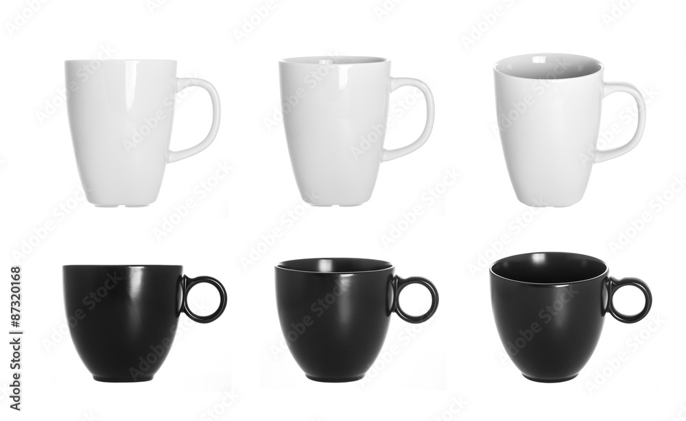 white cup isolated on white background, black cups isolated on a white background, a set of cups white cup isolated on white background, black cups isolated on a white background, a set of cups