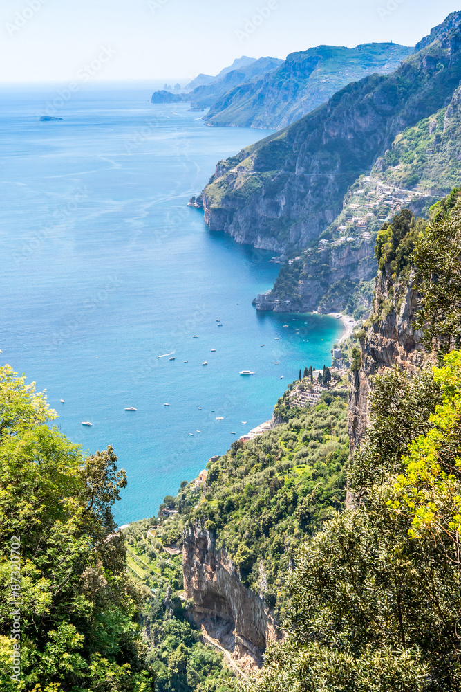 View of Amalfi Coast from Positano to isle of Capri  from hiking trail Pass of the Gods.
