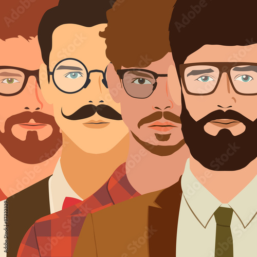 flat hipster characters. stylish young guys with glasses backgro