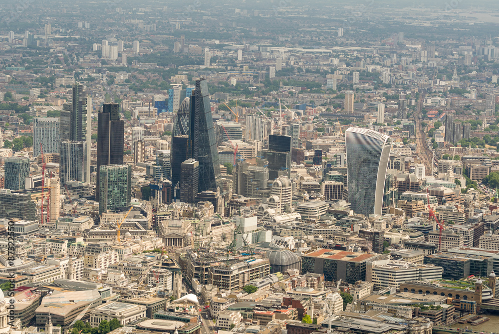Helicopter view of City of London. Aerial modern skyline